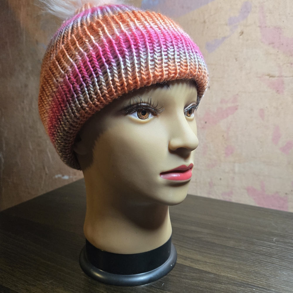 Vibrant Pink and Orange Knit Beanie with Pom Pom